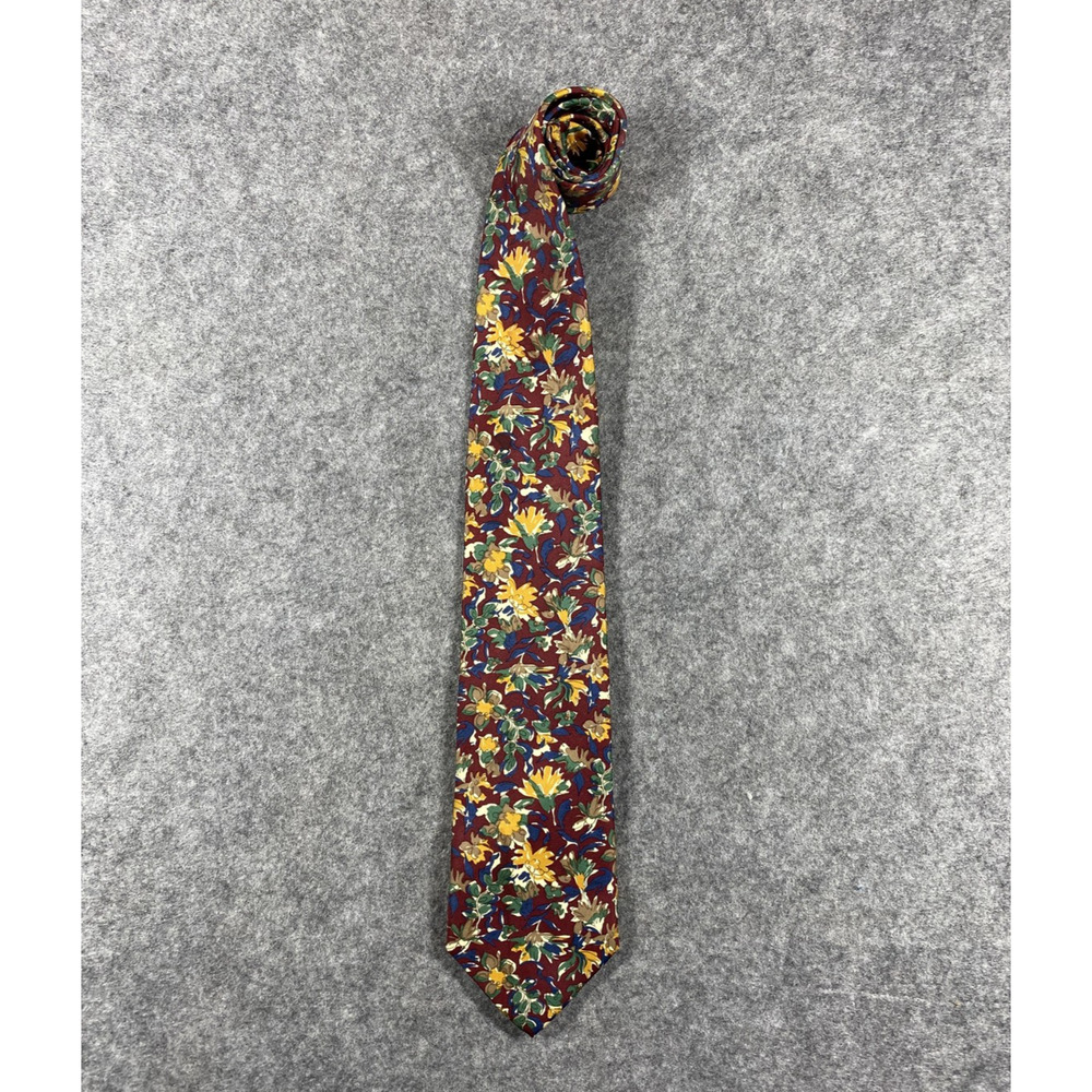 Vintage Lands' End Tie Mens Burgundy Floral Print 100% Silk Necktie Shirtmakers